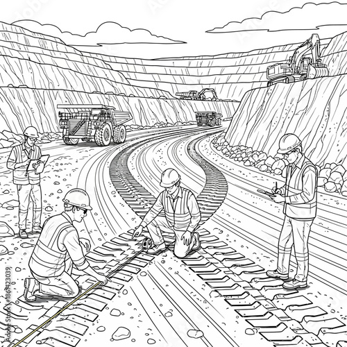 Construction workers inspecting heavy machinery tracks on a mine site.