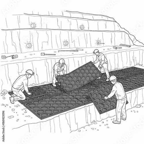 Construction workers installing erosion control mats on a slope.