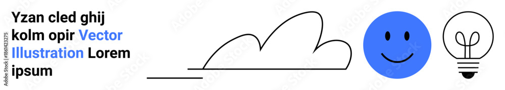 Fototapeta premium Creativity, design, education, problem-solving, innovation, digital content. Minimalist cloud, blue happy face and light bulb icons. Creativity and design conceptual elements