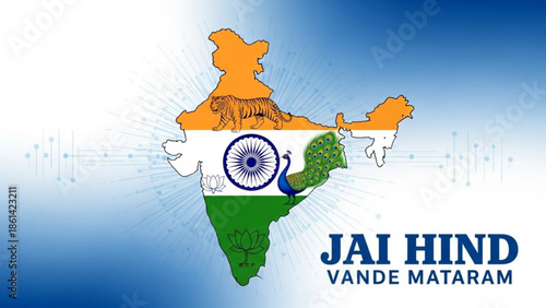 Indian map with national flag colors and patriotic text jai hind vande mataram on blue gradient background