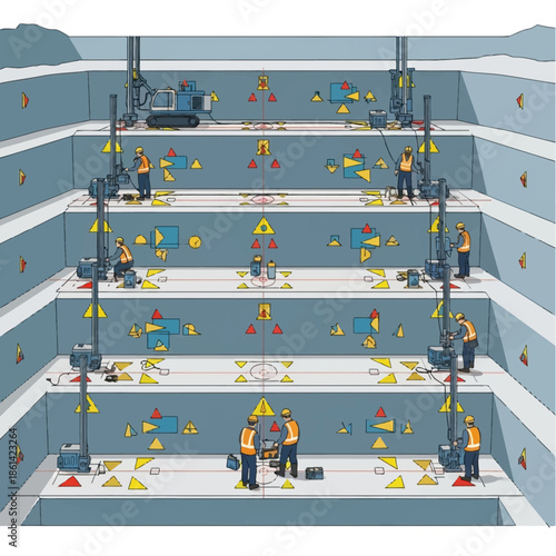 Construction workers operating heavy machinery in a multi-level excavation site.