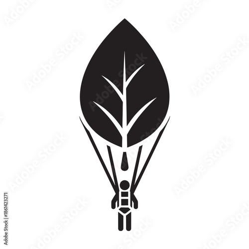 Parachutist Silhouette with Leaf Parachute in Simple Flat Design with Black and White Color Scheme for Adventure Logo