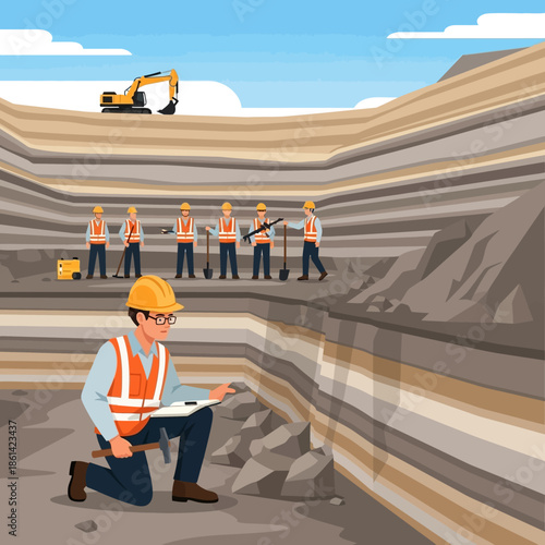 Geologist examining rock layers with hammer and clipboard.
