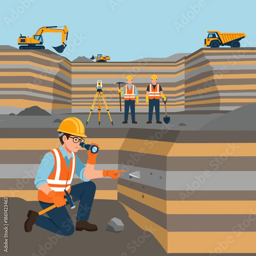 Geologist inspecting rock layers with magnifying glass and tools at excavation site.