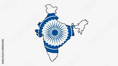 India map with ashoka chakra symbol, blue and white illustration, cultural representation