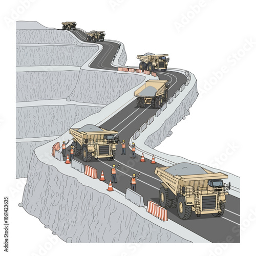 Heavy mining trucks operating on a steep quarry road.