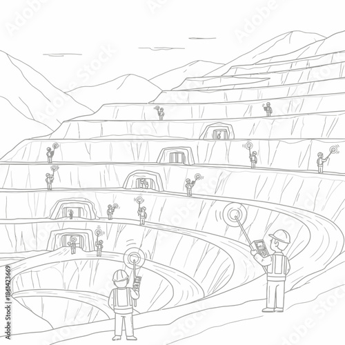 Miners working in a large open-pit mine with tunnels and equipment.