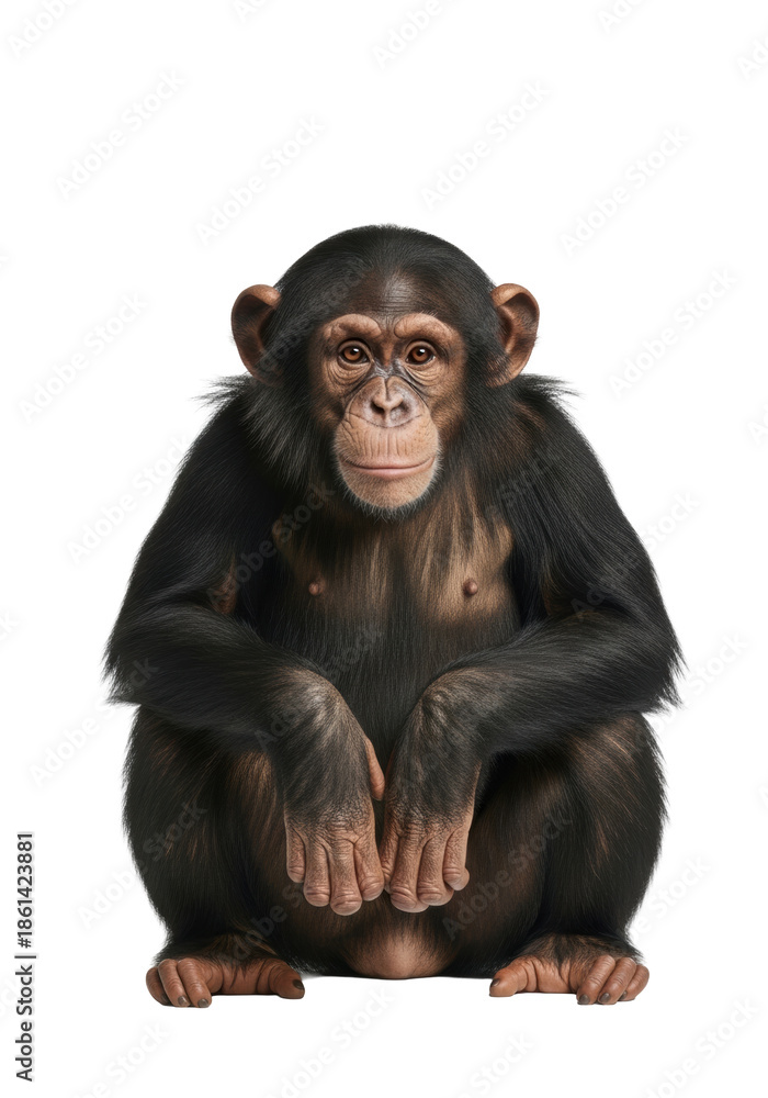 Fototapeta premium Young chimpanzee, full body, dark brown fur, expressive eyes, making eye contact, sitting on haunches on a transparent studio background with copy space, concept of animal intelligence