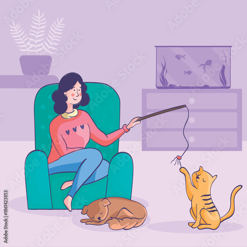Illustration of a young woman sitting in a green chair playing with her cat using a teaser toy at home.