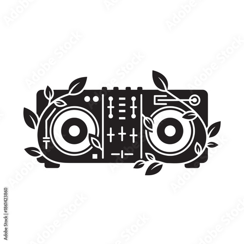 DJ Controller with Leaves in Minimalist Design and Monochromatic Color Scheme on White Background for Music Production
