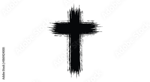 A stark black cross depicted with rough brushstrokes against a clean bright white background