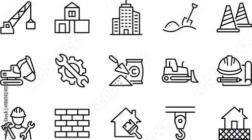 Construction and building line icons set with crane tools equipment architecture safety symbols outline vector illustration collection