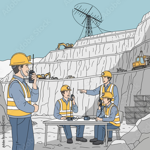 Mining workers communicate using radios at a quarry site.