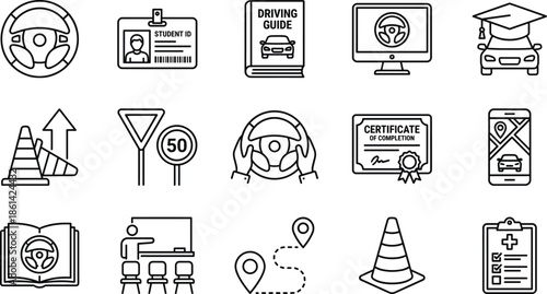 Driving school education line icons set with student license training guide road safety learning symbols outline vector illustration