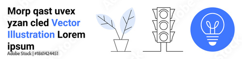Growth, innovation, sustainability, urban infrastructure, energy, modern design. Minimalist plant, traffic light and a bulb symbol in clean lines. Growth and innovation concept