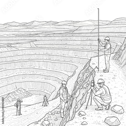 Surveyors working at a large open pit mine site.