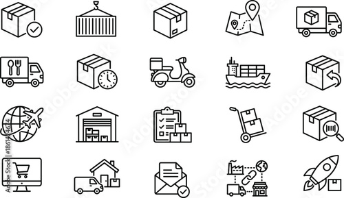Logistics and delivery line icons set with shipping warehouse tracking ecommerce transport supply chain symbols outline vector illustration