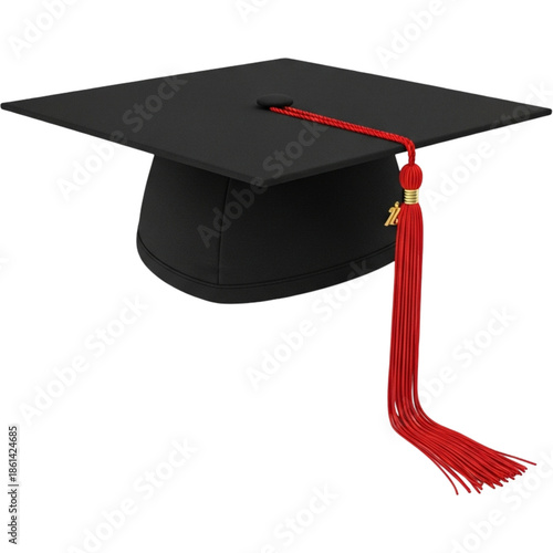 A black graduation cap with a red tassel on transparent background