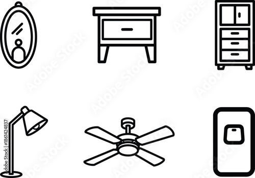 black and white line drawing of various household items