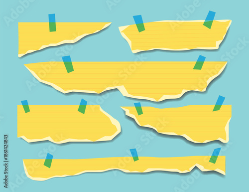 Horizontal Yellow Torn Paper Strips with Blue Adhesive Tape on Light Blue Background.