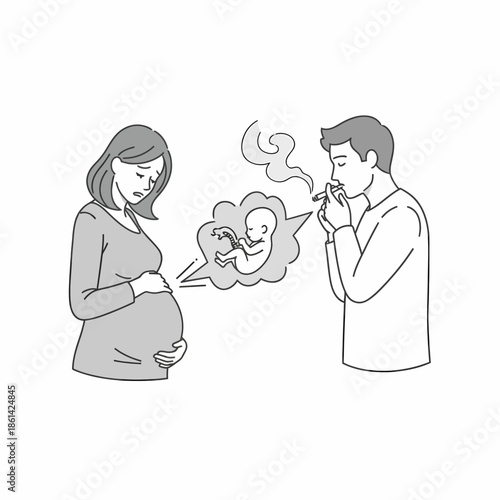 An expectant mother's deep concern about the potential harm of a partner's secondhand smoke exposure to their developing unborn baby during pregnancy, highlighting health risks