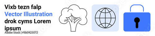 Sustainability, technology, environment, online security, global connections, nature conservation. A tree, globe illustration and lock icon. Sustainability and technology concept