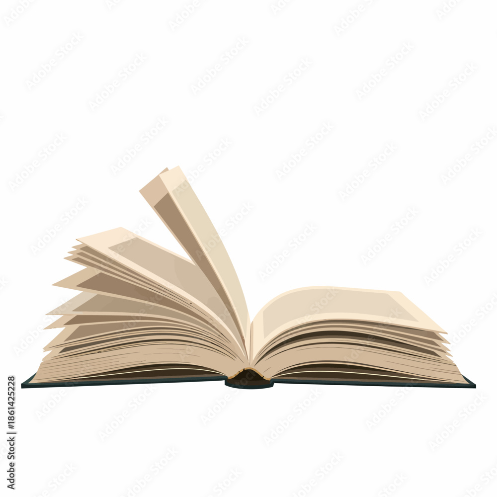 Obraz premium A realistic vector illustration of an open book with pages turning, symbolizing education, knowledge, and learning, isolated on a white background.