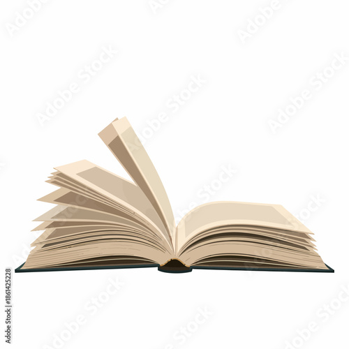 A realistic vector illustration of an open book with pages turning, symbolizing education, knowledge, and learning, isolated on a white background.