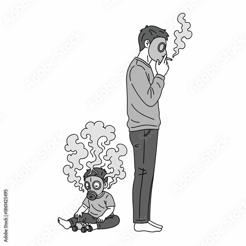 Monochrome vector illustration depicting a man smoking a cigarette next to a child, both wearing gas masks to symbolize passive smoking and environmental health hazards.
