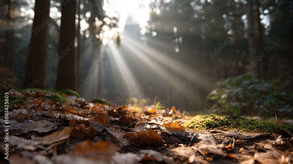 Fototapeta premium Golden sunbeams pierce through the autumn forest canopy illuminating the fallen leaves and mossy ground