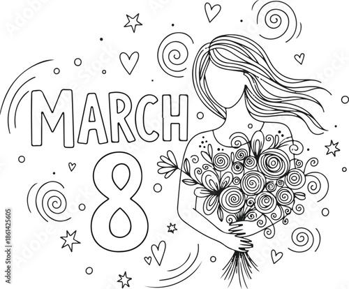 International Women's Day Coloring Page with Woman Holding Flower Bouquet and March 8 Text