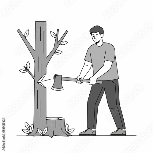 A man is cutting down a tree trunk with an axe in a black and white outline vector illustration depicting deforestation or logging activity.