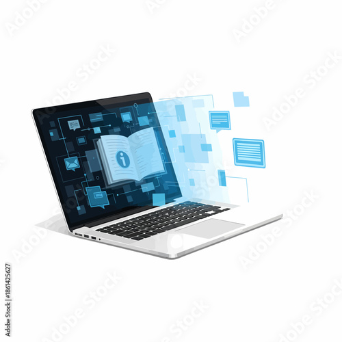 Digital information and technical manual exploding from a modern laptop screen, illustrating online documentation, e-learning, and data access concepts in a vibrant blue vector style.