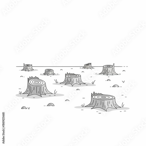 Monochrome vector illustration depicting a field full of chopped tree stumps, symbolizing deforestation, clear-cutting, and environmental damage in a stylized line art drawing.