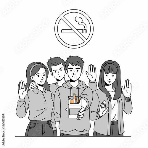 A group of young people resists peer pressure by refusing cigarettes, symbolized by a no smoking sign in a grayscale vector illustration.