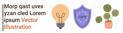 Privacy, innovation, environmental awareness, security, sustainability, data compliance. Shield labeled GDPR, light bulb potted plant. Privacy and innovation concepts visually