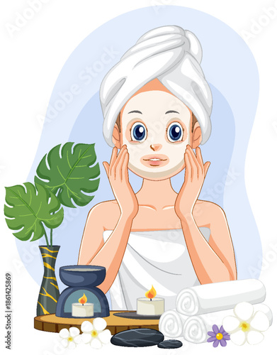 Woman Character in White Towel with Facial Mask and Spa Background for Beauty and Skincare Routine.
