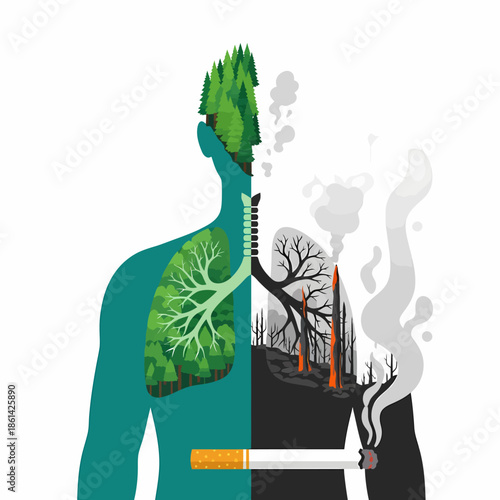 Conceptual vector illustration depicting the deadly contrast between healthy lungs (green forest) and smoker's lungs (burnt wasteland) due to cigarette smoke and pollution.