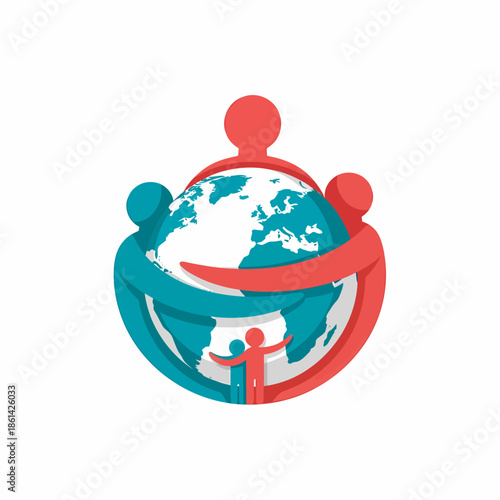 Abstract vector illustration showing human figures embracing the Earth globe, symbolizing global unity, family, community, and planetary care in a minimalist flat design style.