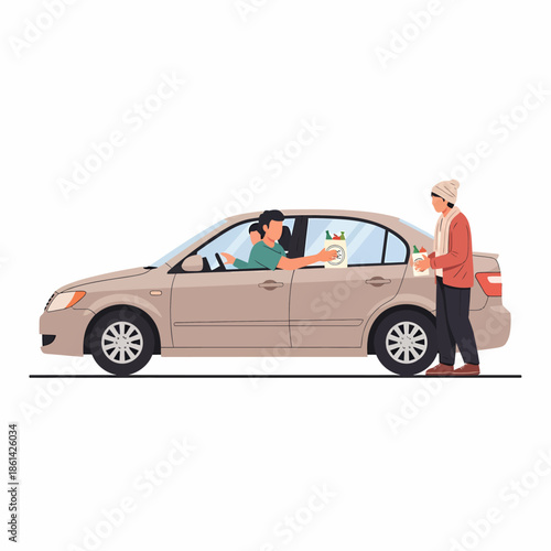 Vector illustration of a driver handing over a bag of groceries or donations to a person standing outside the car window, depicting drive-thru service or social aid.