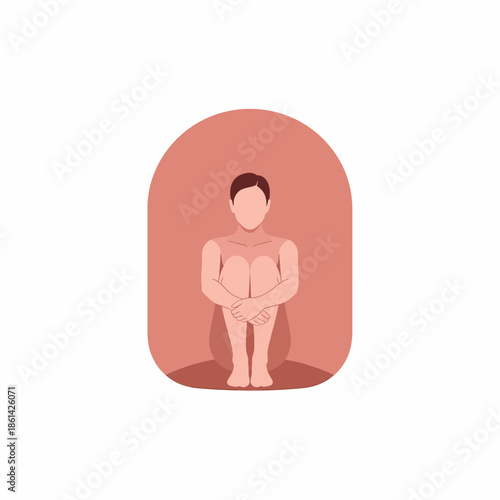 Minimalist vector illustration of a person sitting curled up, representing concepts of isolation, depression, anxiety, or introspection.
