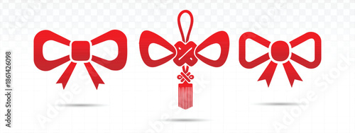 Red decorative ribbon bow set featuring three elegant bow designs with hanging tassel elements, clean flat vector style ideal for gift wrapping, festive packaging, holiday cards, and decorative brand