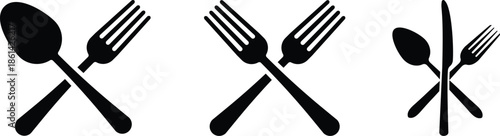 spoon and fork SET , A black silhouette of a fork and knife crossed on a white background on white background , no background.Meat cutting knives of butcher meat knives vector. Restaurant or cafe