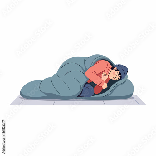 A vector illustration of a cold, homeless person sleeping outside wrapped in a blanket on the street, symbolizing poverty and social issues.