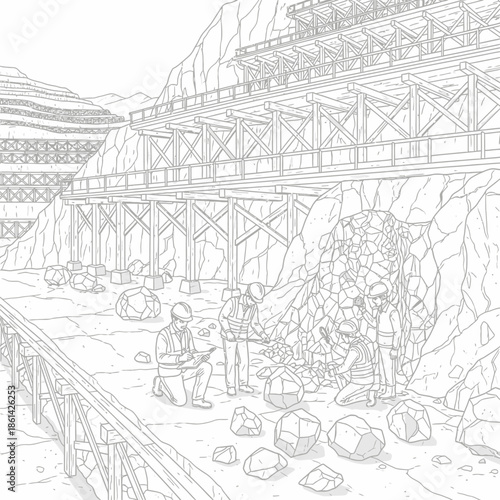 Workers inspecting a large pile of rocks and debris at a construction site.