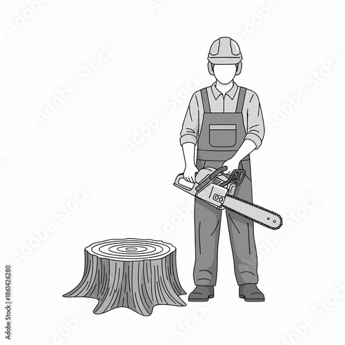 Lumberjack or woodcutter worker in safety gear holding a powerful chainsaw next to a cut tree stump, depicted in a monochrome vector line art illustration.