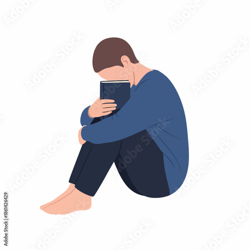 Flat vector illustration of a depressed or lonely person sitting curled up and hugging a book, symbolizing stress, grief, or mental breakdown.