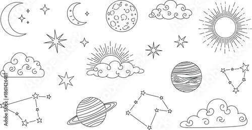 Celestial body and constellation doodle elements on white background moon crescent moon