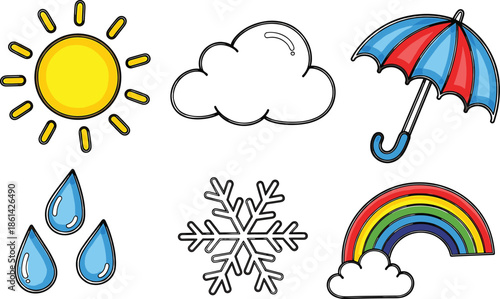 Cartoon weather icons including sun cloud umbrella raindrops snowflake rainbow vector illustration