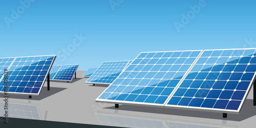 Solar panels arranged in rows under a clear blue sky, representing clean energy generation, sustainability, power production, and modern renewable technology for environmental and business concepts.